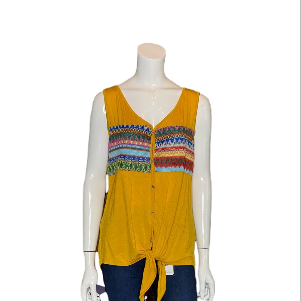 Sun n Moon Smocked Embroidered Tie Front Tank Top
